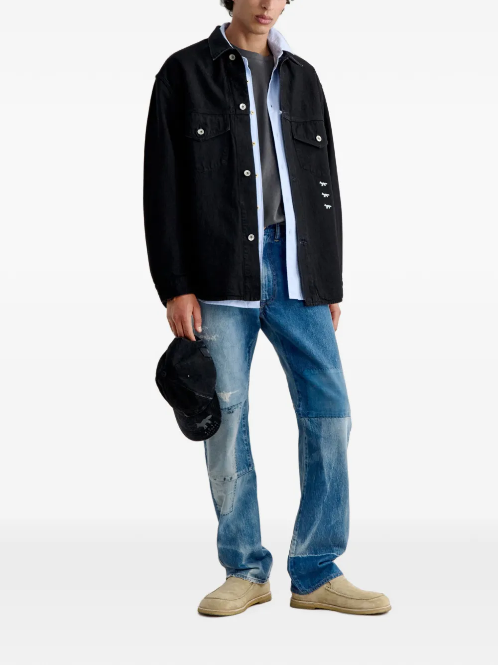 Maison Kitsuné Katoenen shirtjack met geborduurde vos Zwart