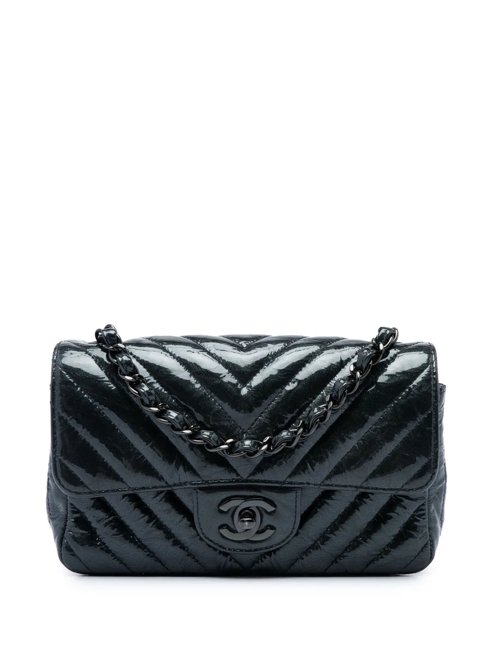CHANEL Pre-Owned 2018 mini rechteckige Classic Chevron Single Flap Umhängetasche aus Lackleder - Schwarz