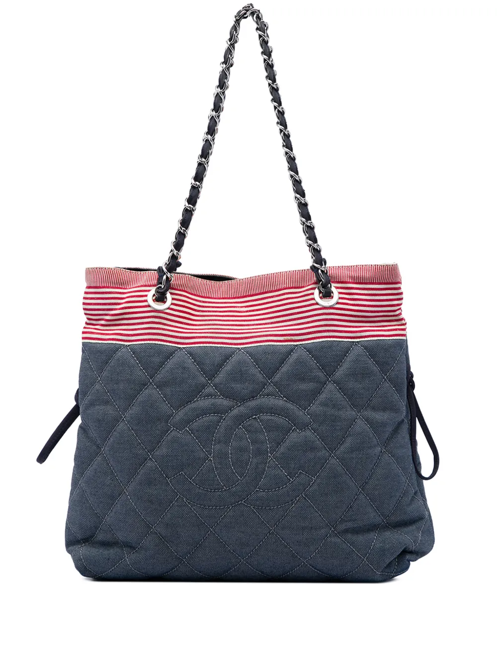 CHANEL Pre-Owned 2009-2010 CC Quilted Denim Grosgrain Drawstring tote bag - Grigio