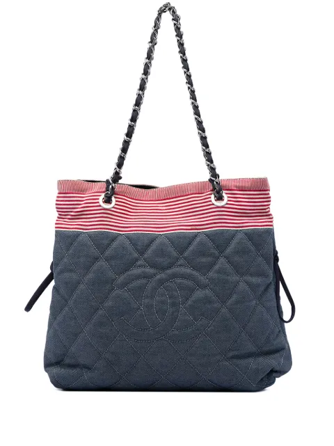 CHANEL Pre-Owned 2009-2010 CC Quilted Denim Grosgrain Drawstring tote bag