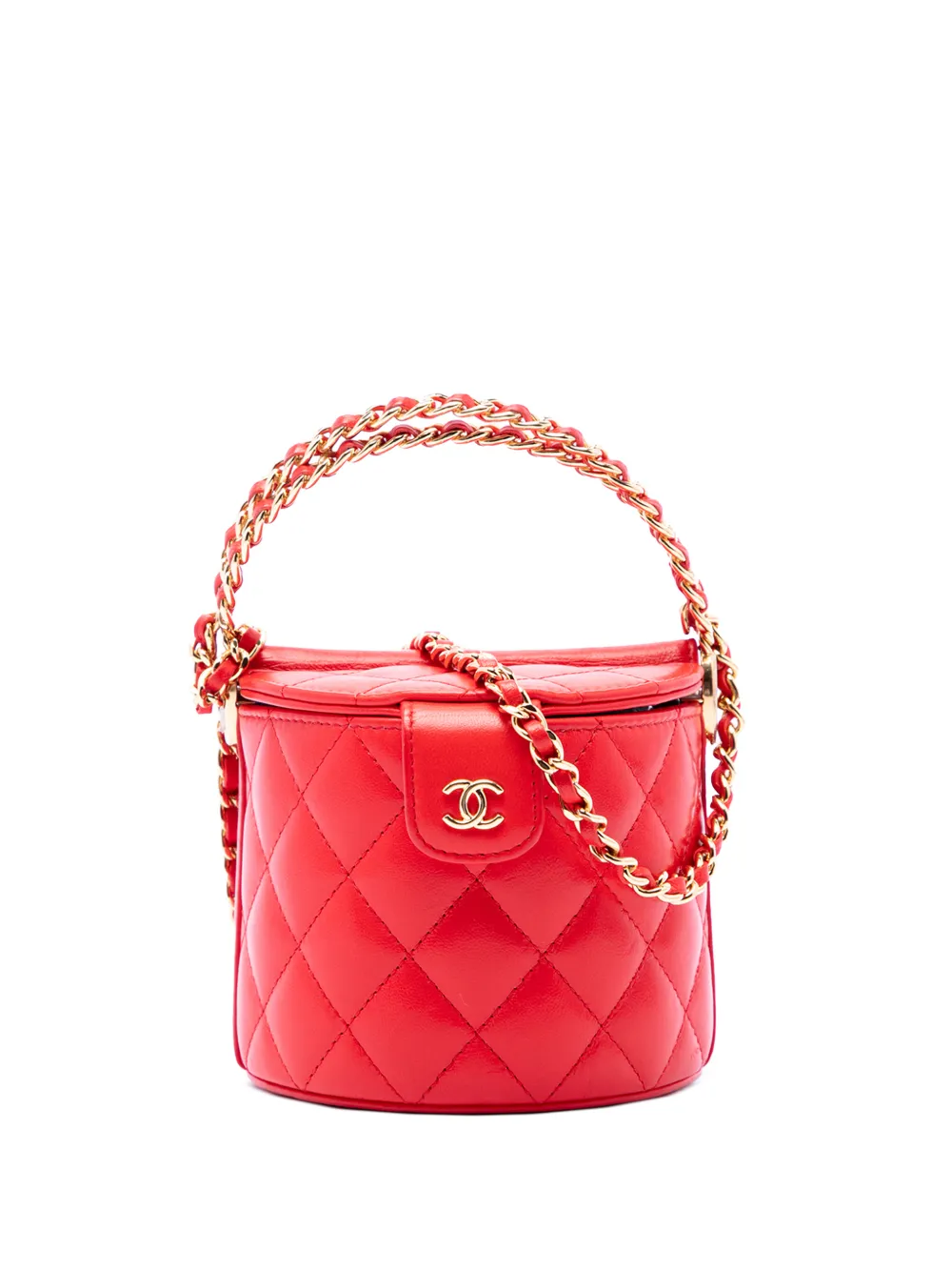 CHANEL Pre-Owned 2021-2026 CC Quilted Lambskin Top Handle Round Vanity Case with Chain satchel - Rosso