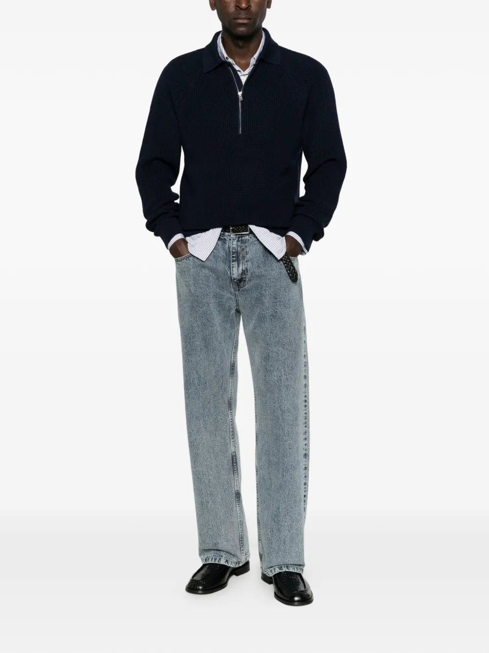 Baracuta Ribgebreid poloshirt met kwartrits Blauw