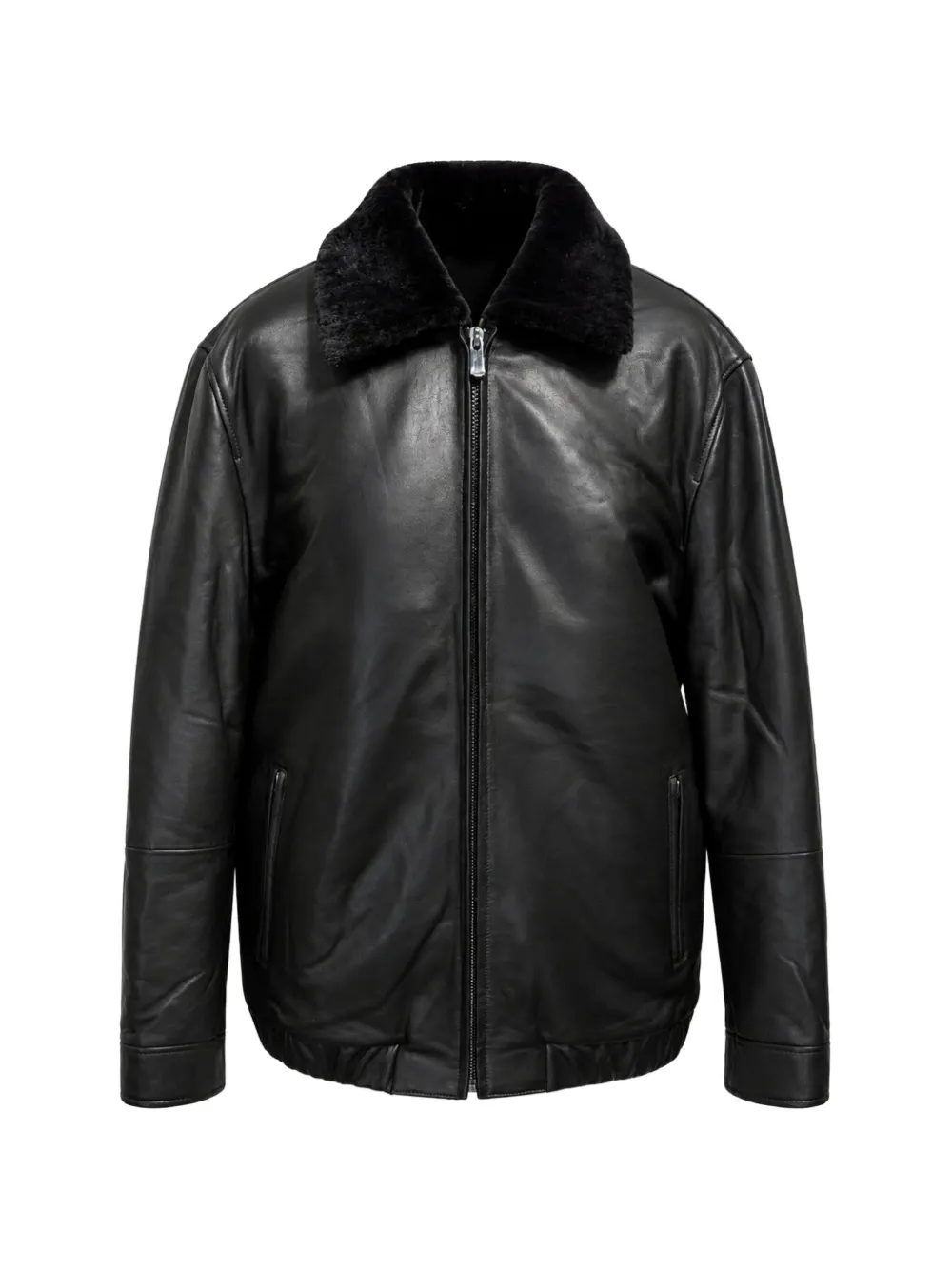 Poche Paris Shearling-collar Leather Jacket In Schwarz