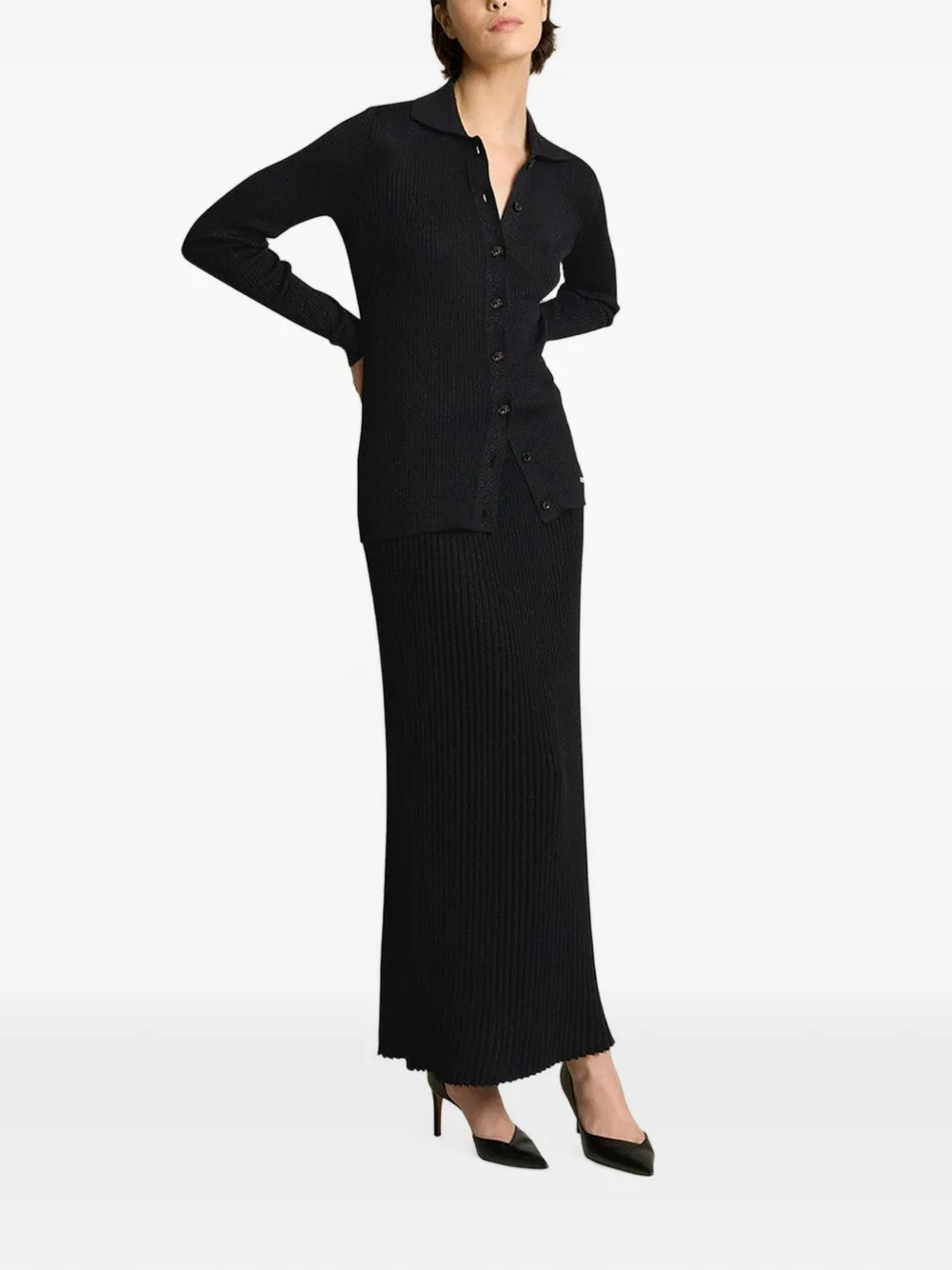 Kiton ribbed-knit lamé pencil maxi skirt Zwart