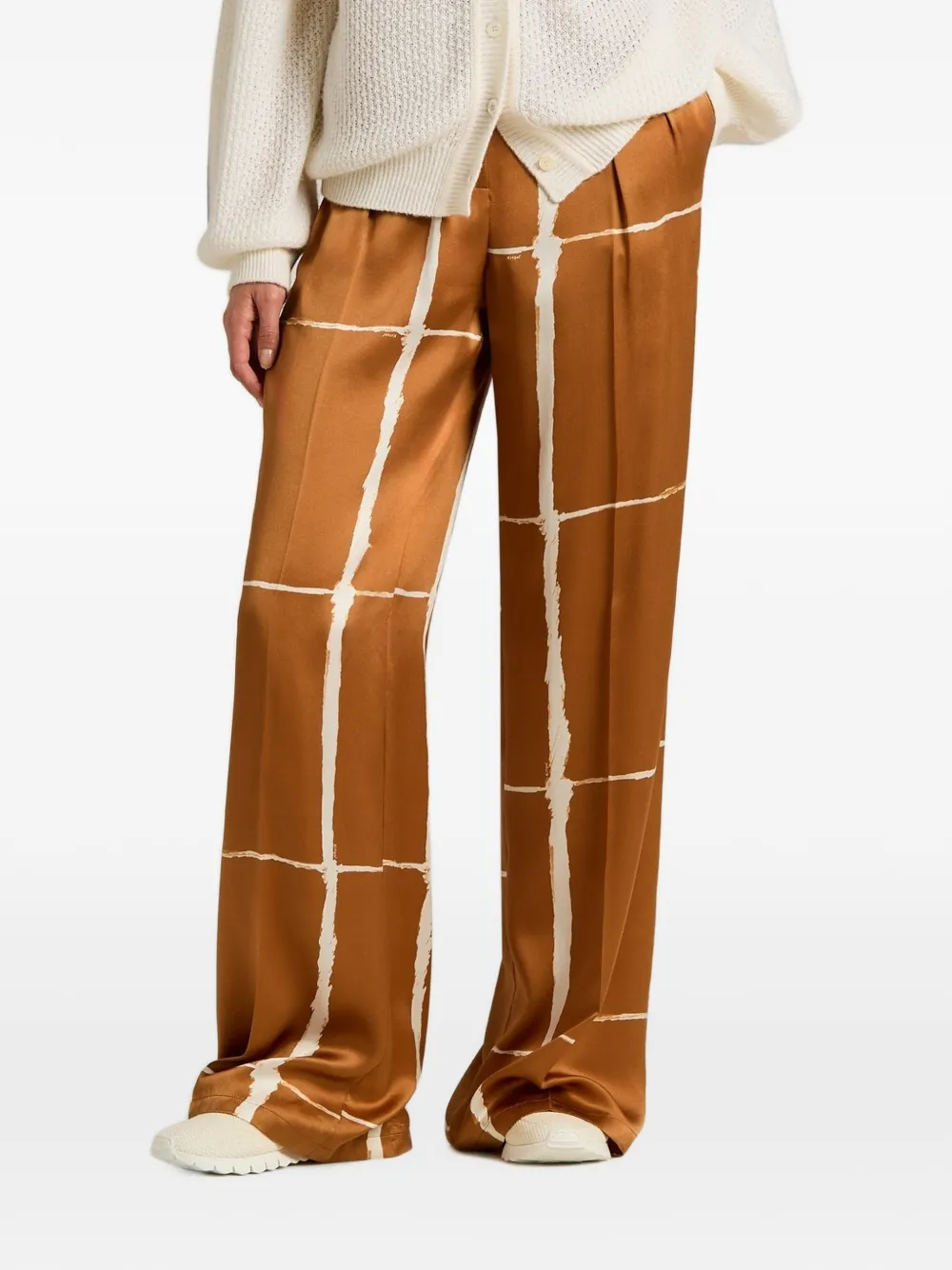 Kiton abstract-print silk-satin trousers Bruin