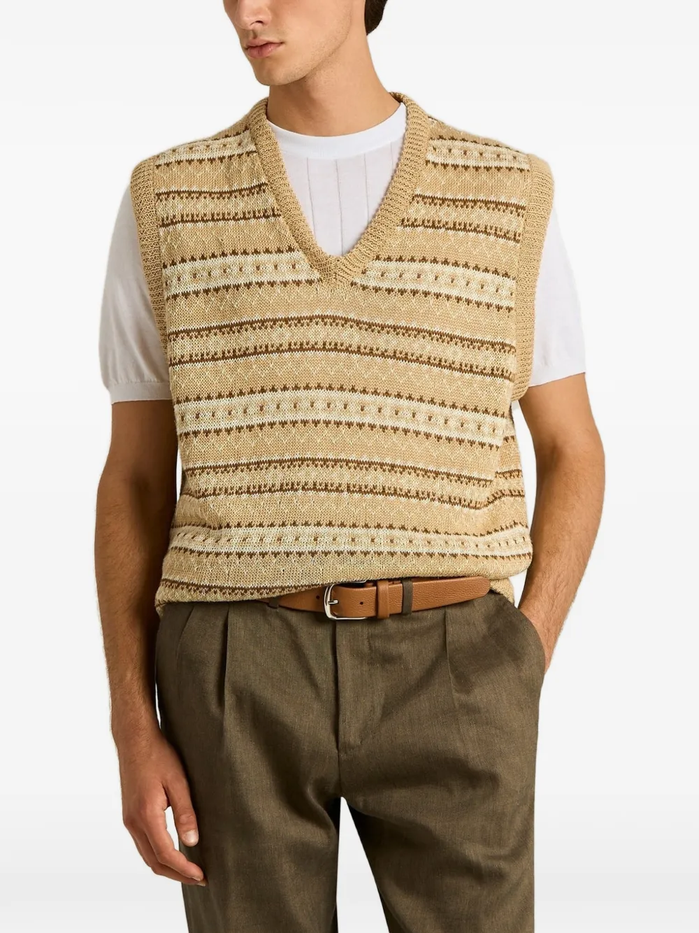 Kiton geometric-pattern V-neck vest Beige