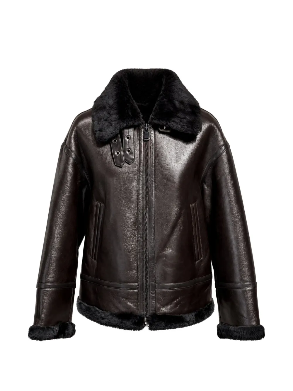 Poche Paris shearling-trim leather jacket - Marrone