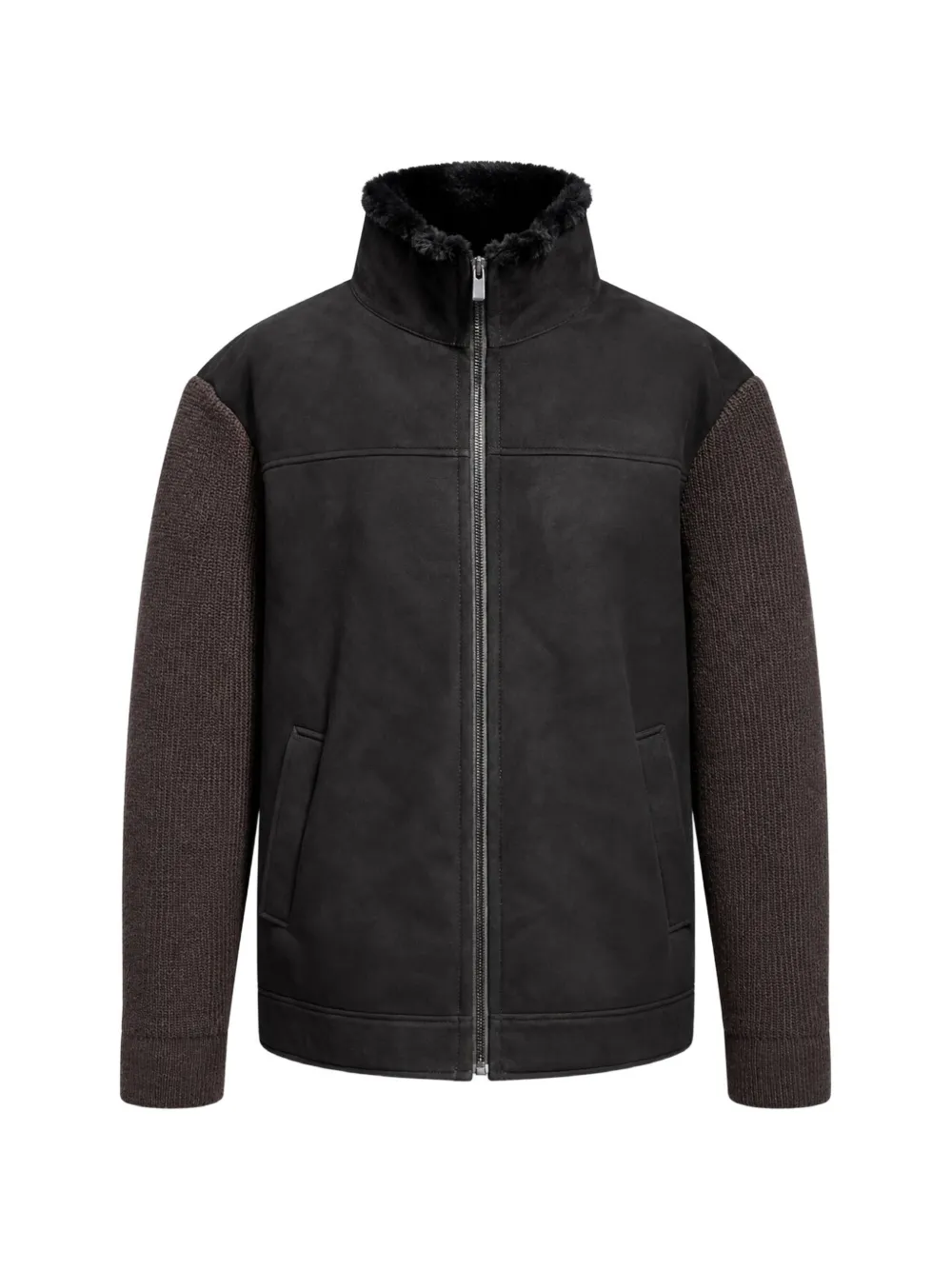 Poche Paris Knit-sleeve Faux-fur Collar Jacket In Brown