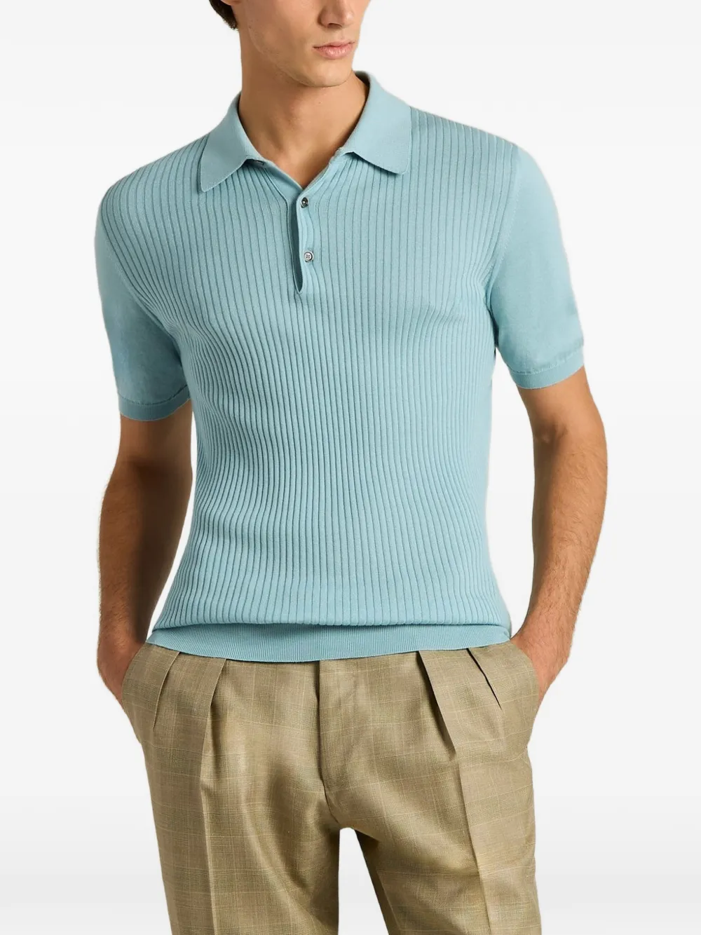 Kiton ribbed-knit short-sleeve polo shirt Blauw