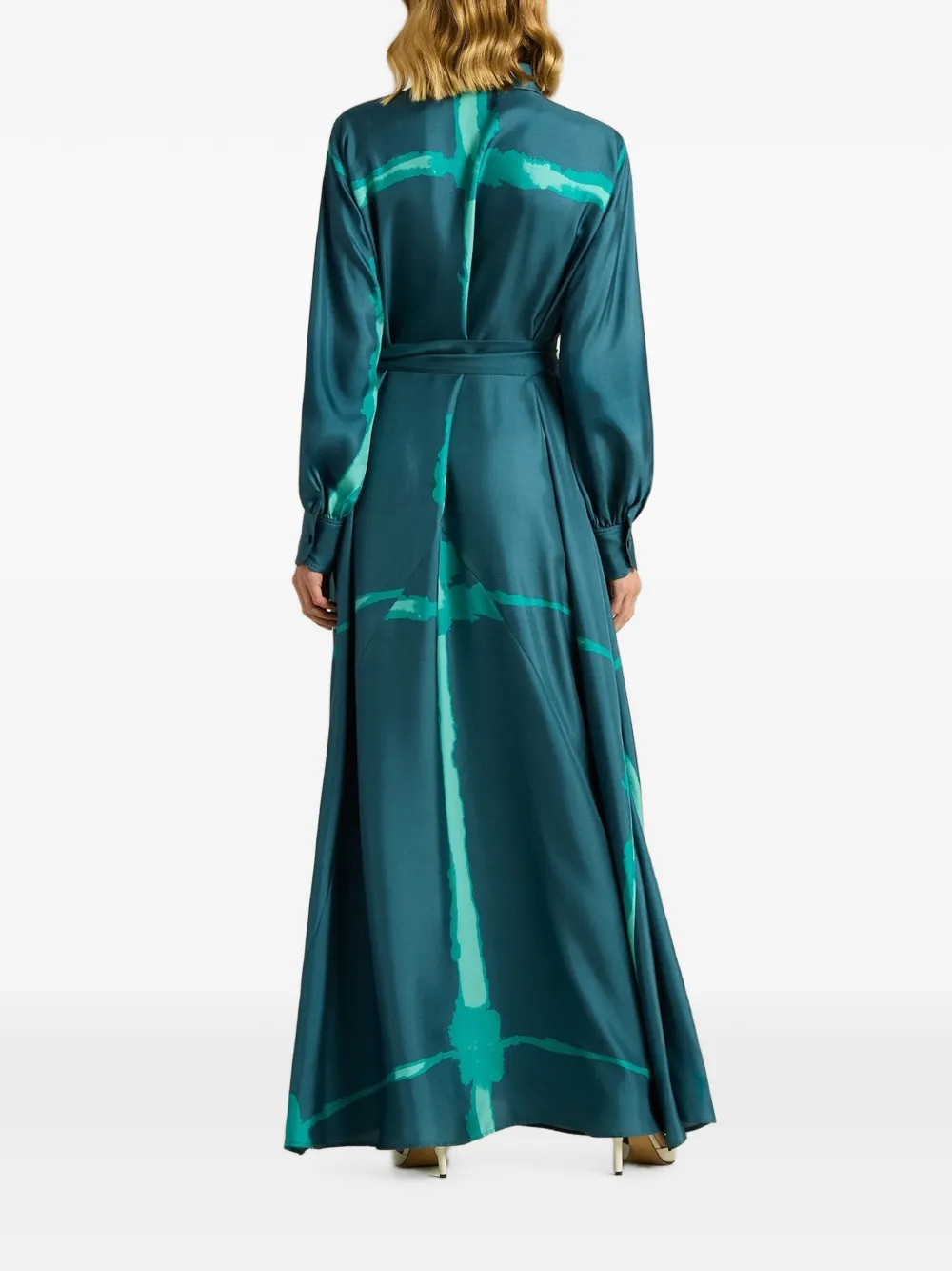 Kiton brushstroke-print belted shirt maxi dress Blauw