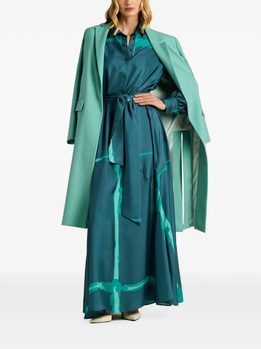 Kiton brushstroke-print belted shirt maxi dress Blauw