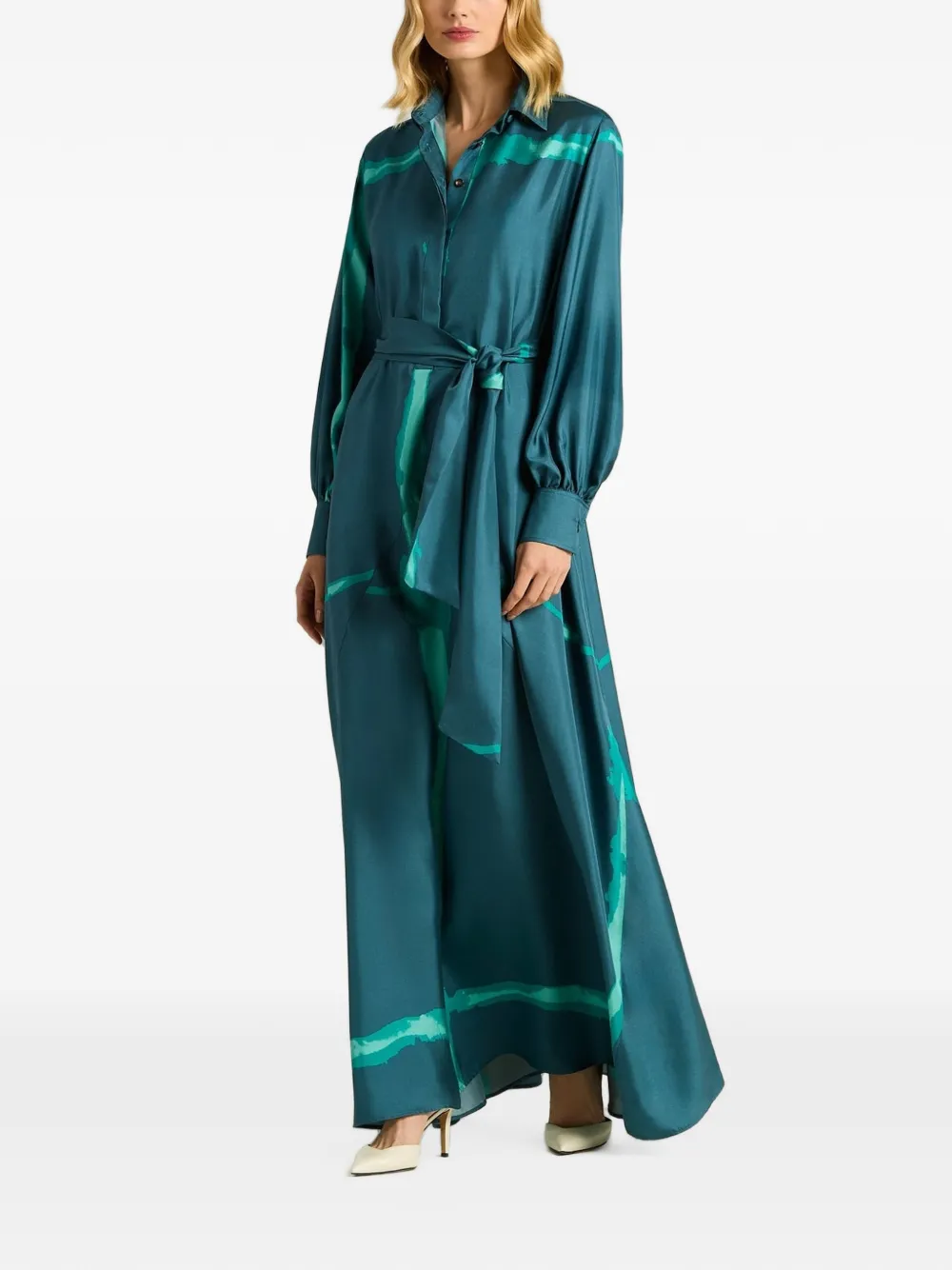 Kiton brushstroke-print belted shirt maxi dress Blauw
