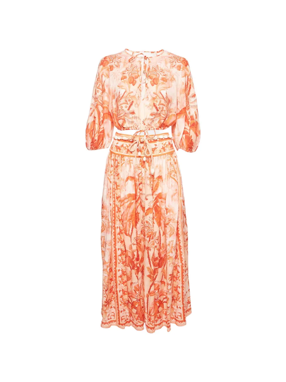 Pre-owned Zimmermann Palm-print Linen Top And Skirt Set In Red