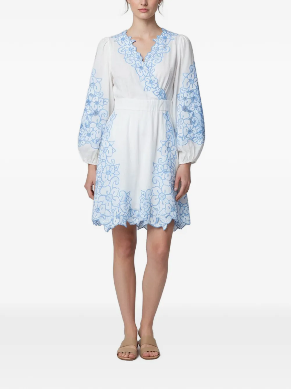 Pre-owned Zimmermann Floral-embroidered Wrap Mini Dress In White