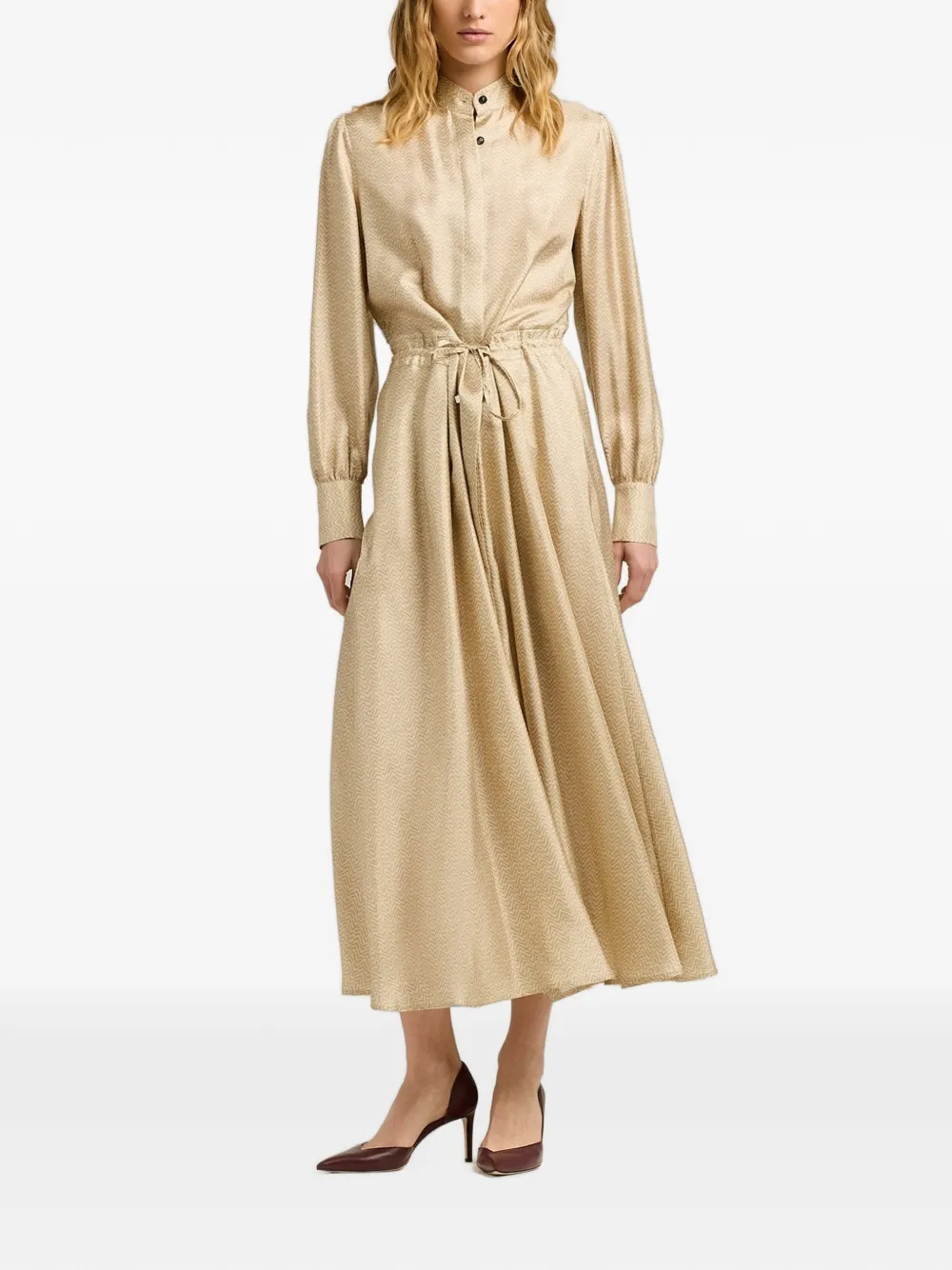 Kiton chevron-jacquard silk shirt midi dress Beige