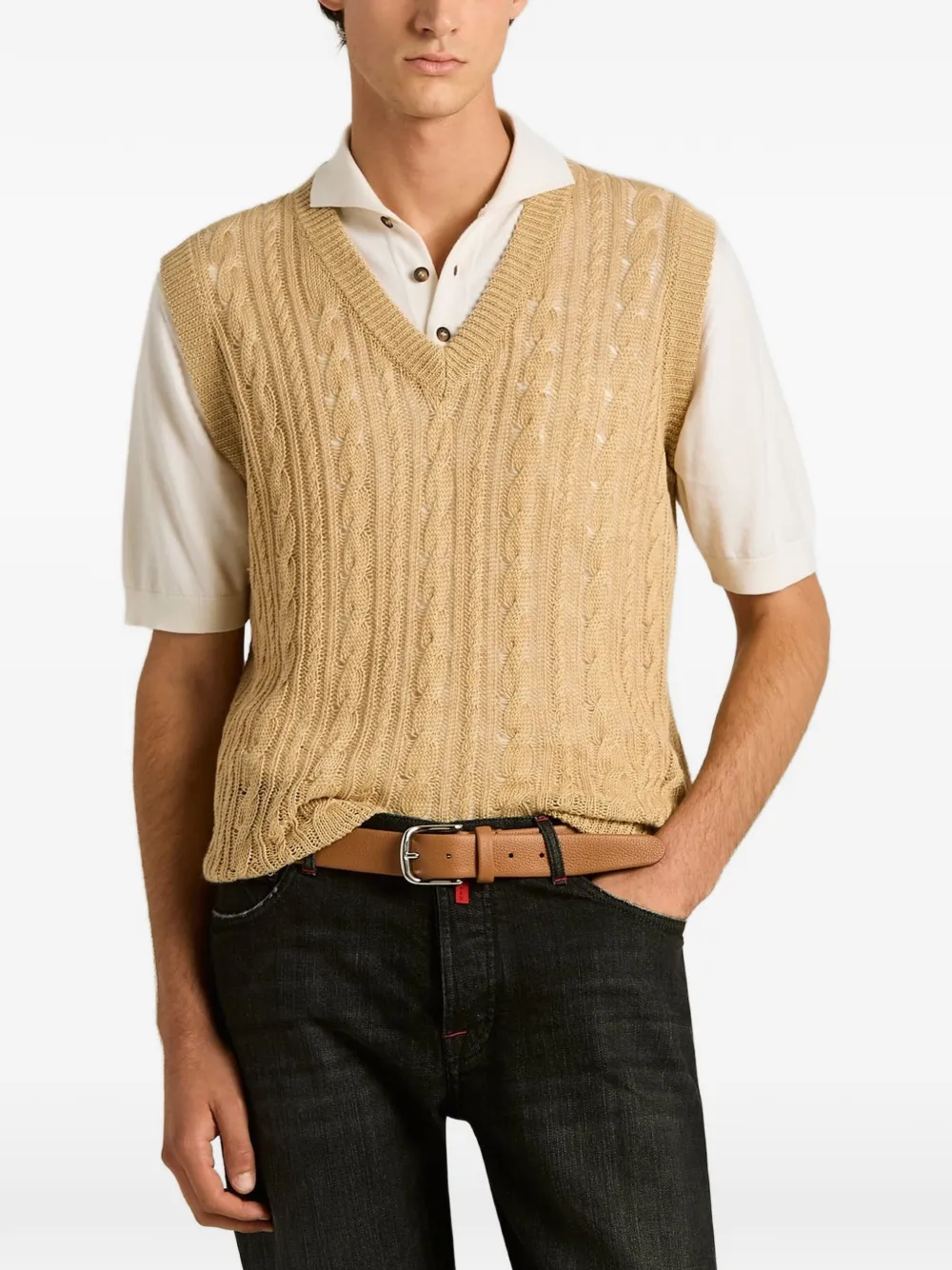 Kiton cable-knit V-neck vest Beige