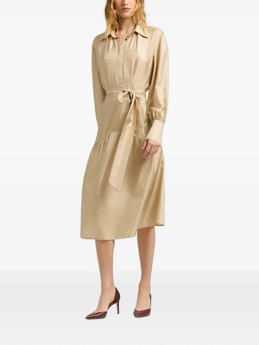 Kiton geometric-print silk midi shirt dress Beige