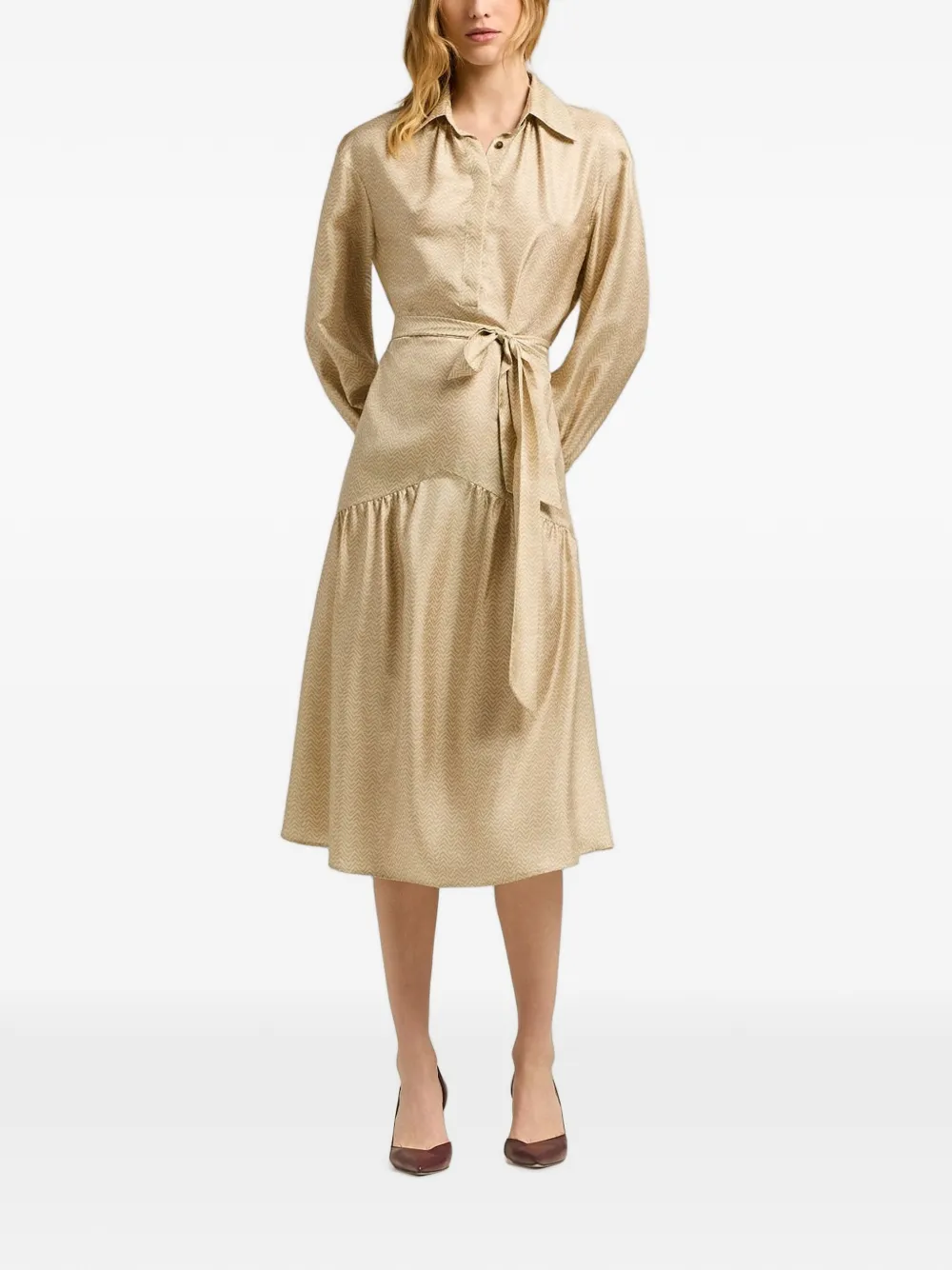 Kiton geometric-print silk midi shirt dress Beige