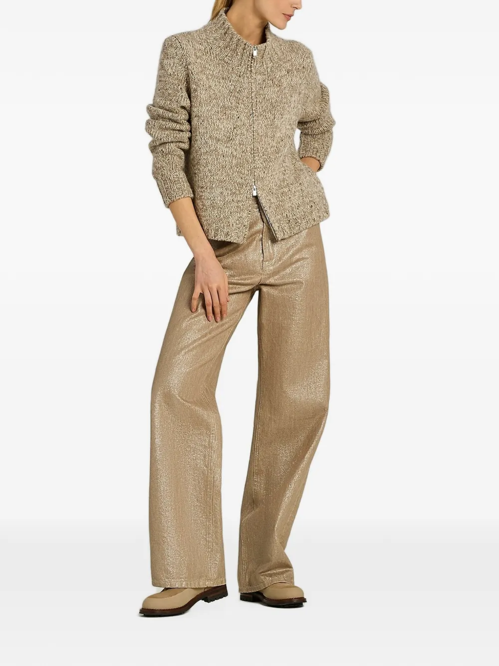 Kiton chunky-knit zip-up cardigan Beige