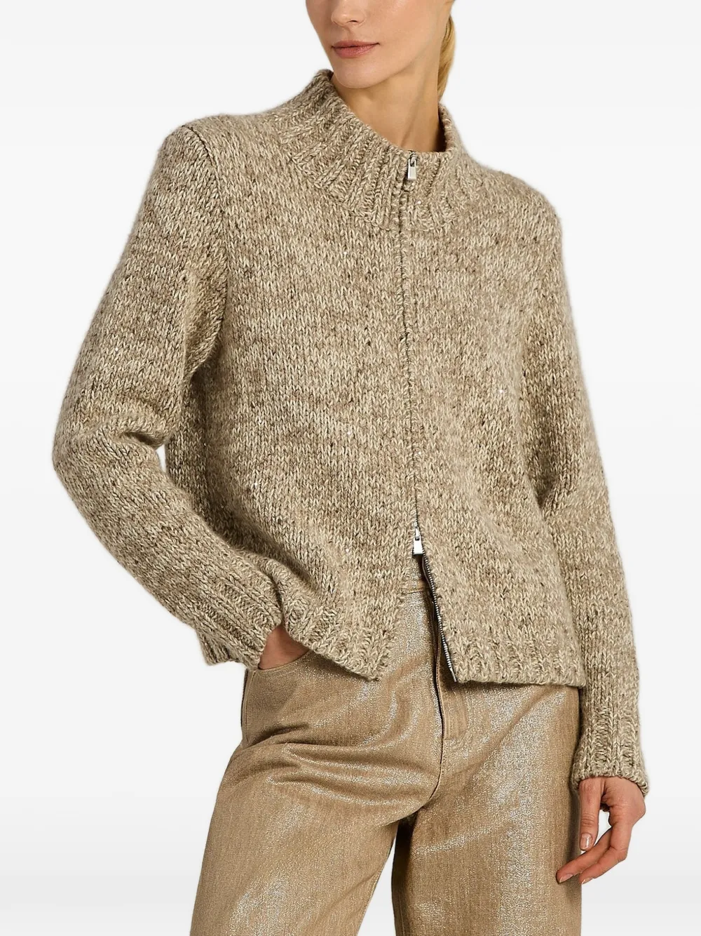 Kiton chunky-knit zip-up cardigan Beige