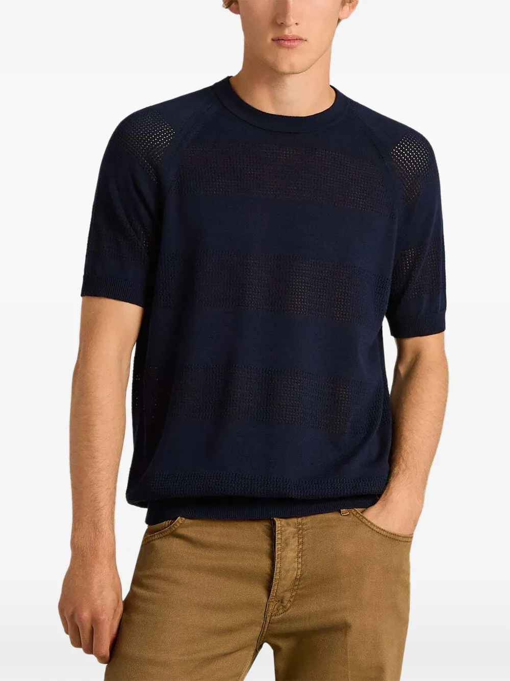 Kiton openwork-stripe crew-neck t-shirt Blauw