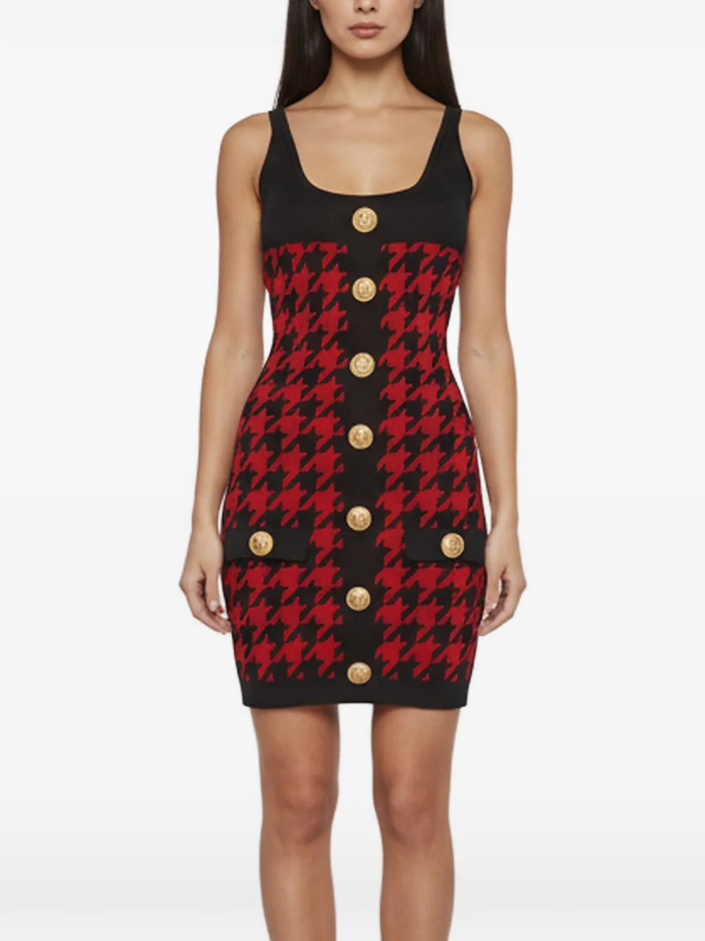 Pre-owned Balmain Houndstooth Jacquard Mini Dress In Red
