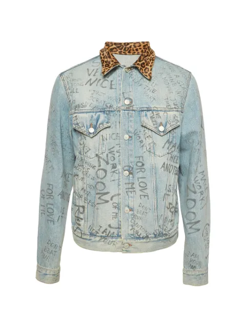 Gucci Pre-Owned Scribble Writing leopard-collared denim jacket