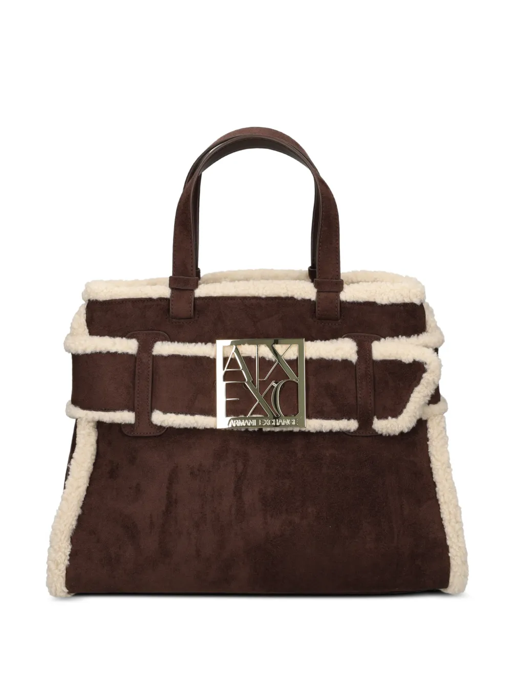 Armani Exchange Borsa tote con finiture in shearling e placca logo - Marrone