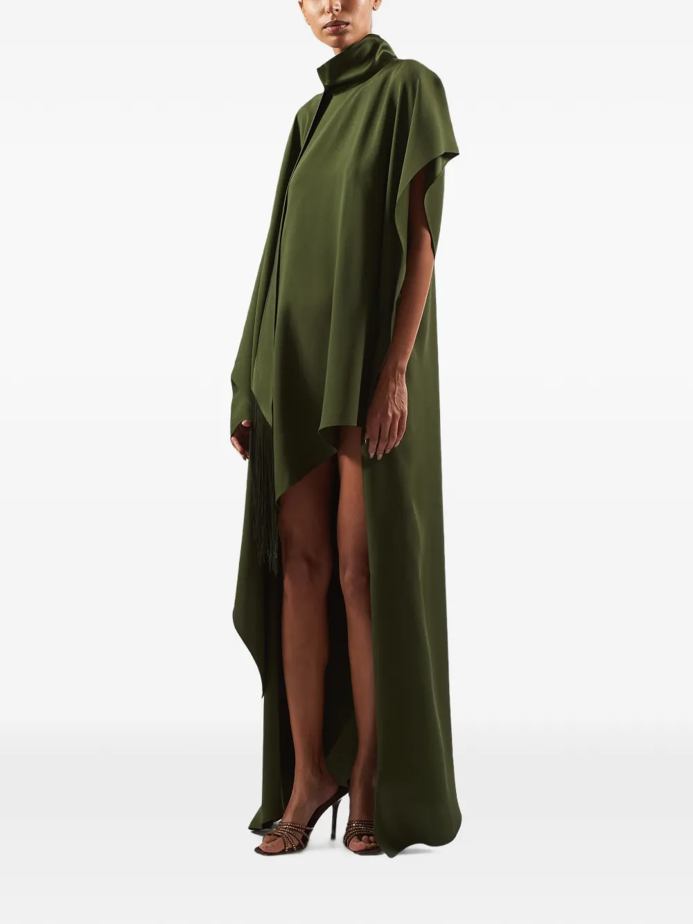 Taller Marmo California fringe-trimmed maxi kaftan dress Groen