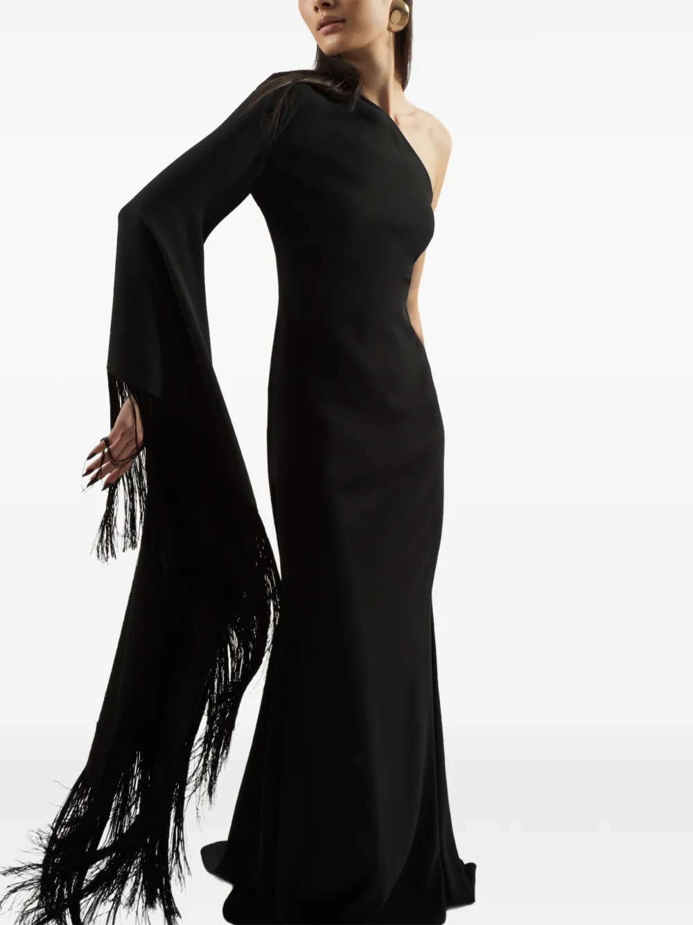 Taller Marmo Asymmetrische maxi-avondjurk met franje Zwart