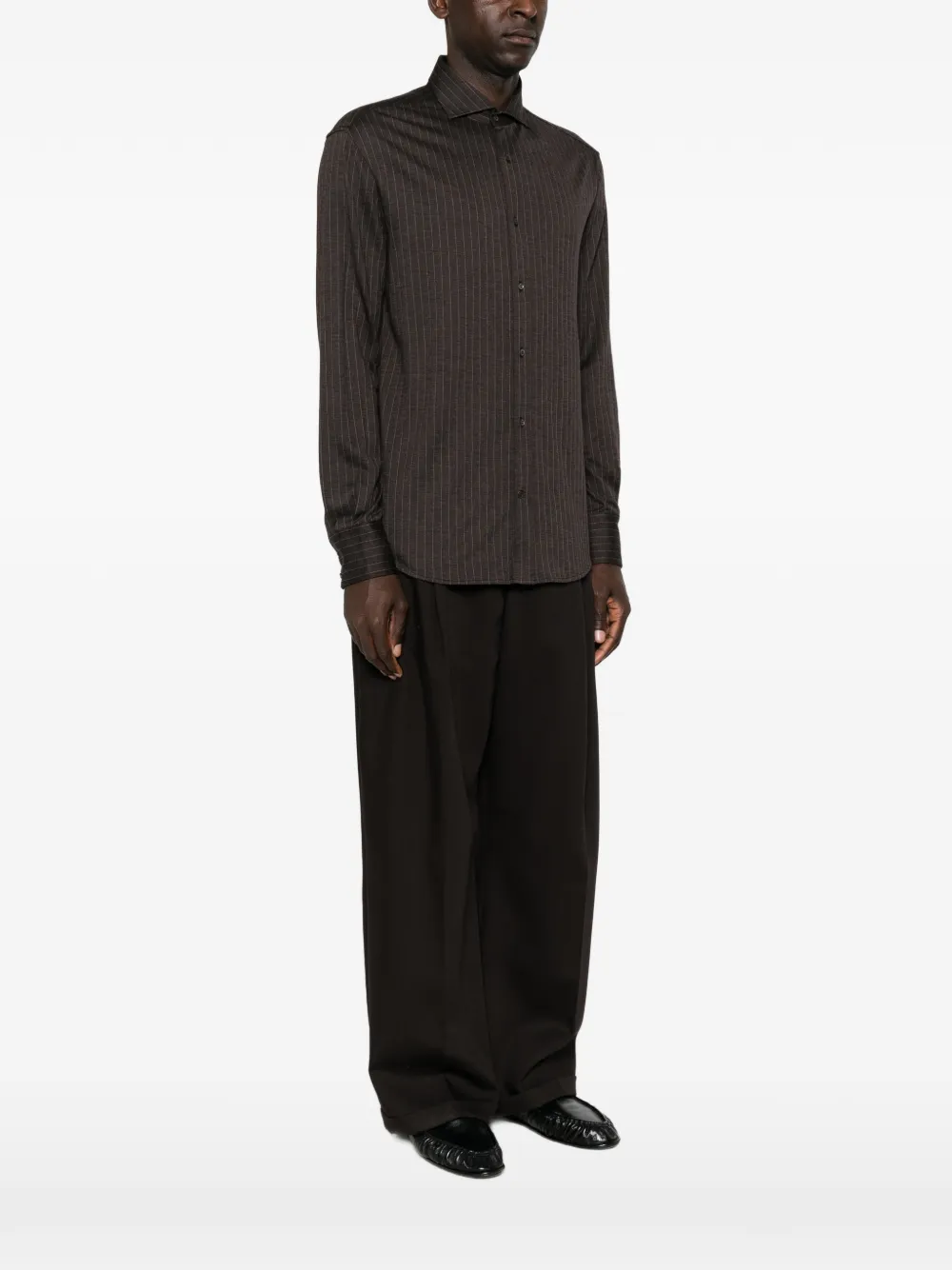 Brunello Cucinelli pinstripe-print spread-collar shirt Bruin