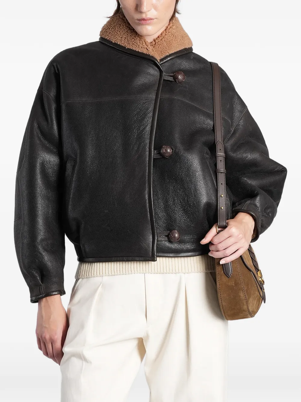 ISABEL MARANT shearling-collar leather coat - Marrone