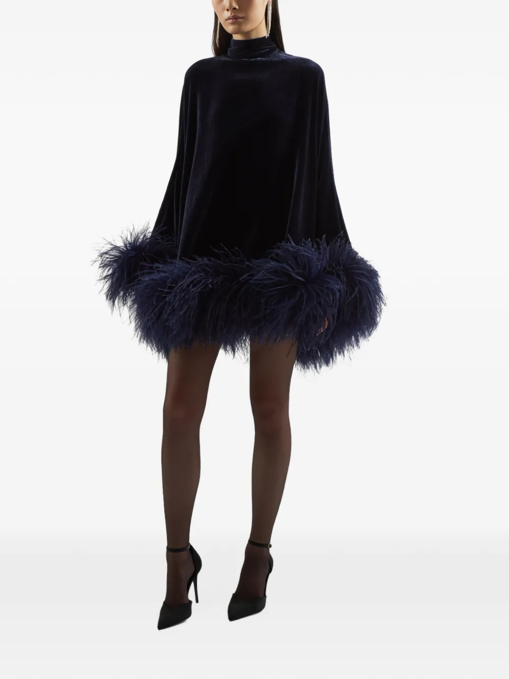 Taller Marmo Vegas fluwelen mini-jurk met veren afwerking Blauw