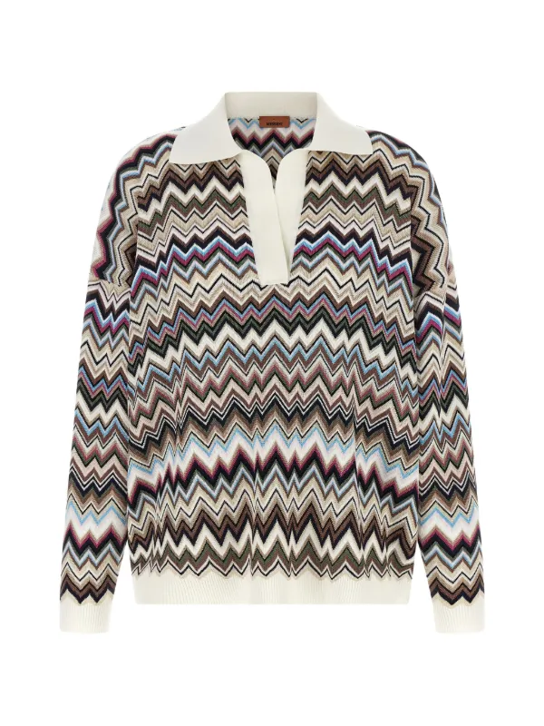 Missoni Oversized Wool and Viscose Zig Zag Polo in Neutrals
