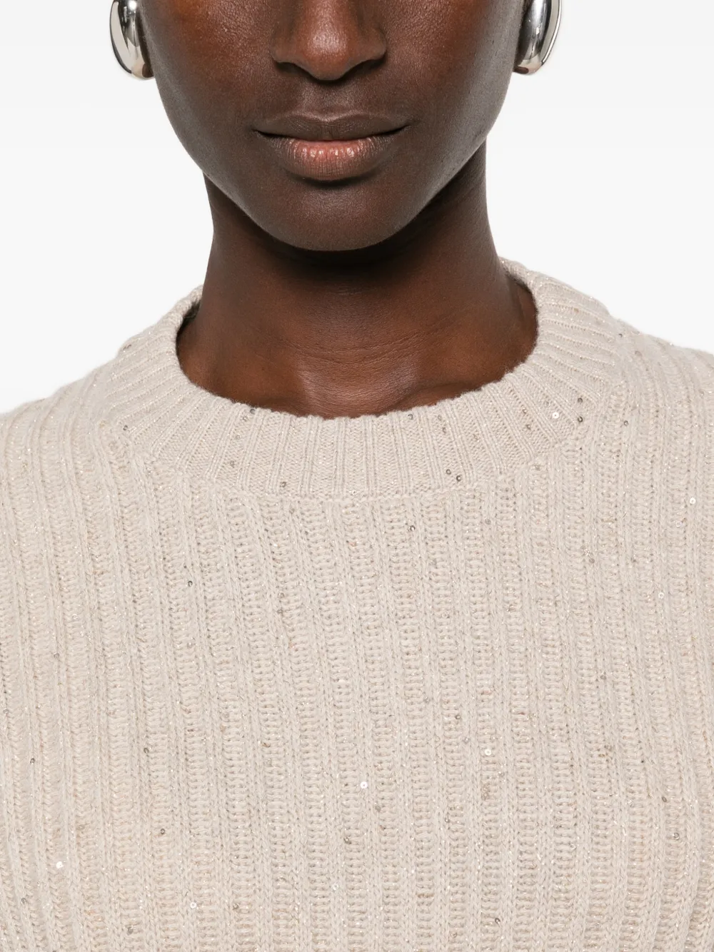 Brunello Cucinelli Ribgebreide trui verfraaid met pailletten Beige