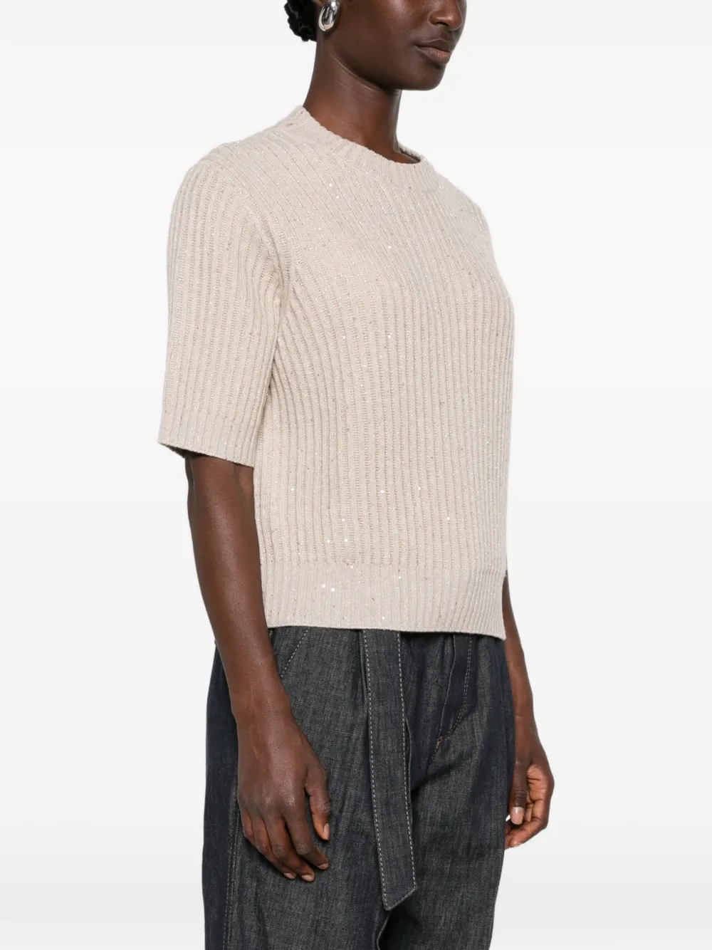 Brunello Cucinelli Ribgebreide trui verfraaid met pailletten Beige