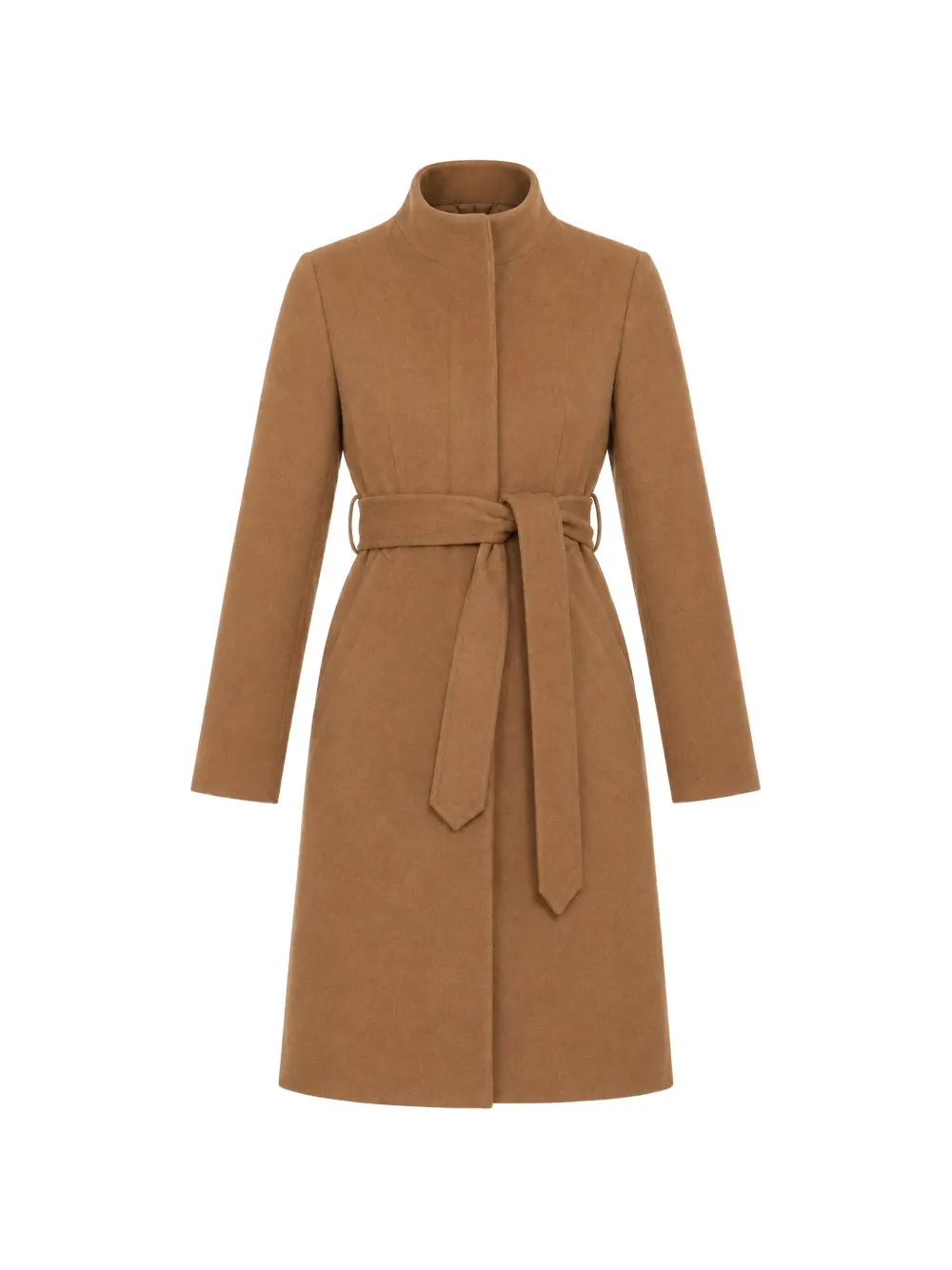 Norwegian Wool stand-collar belted coat - Brown