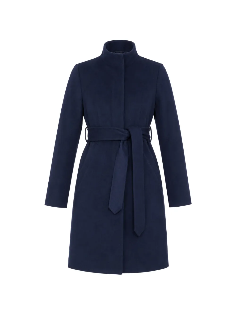 Norwegian Wool belted stand-collar coat - Blue