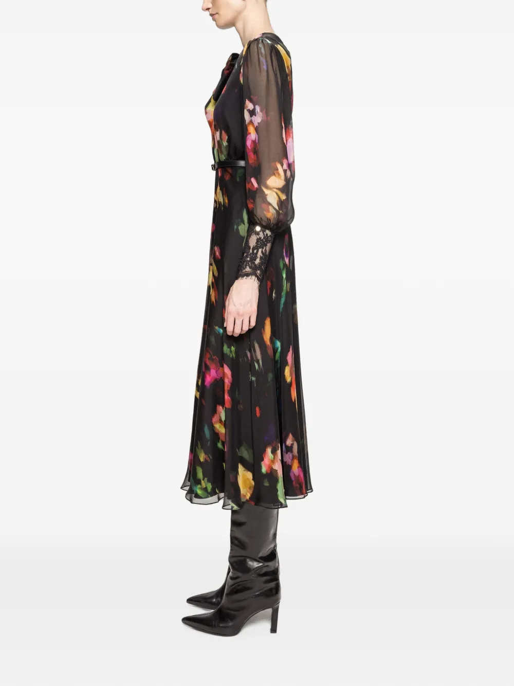 NISSA Zijden midi-jurk met bloemen en strik Zwart