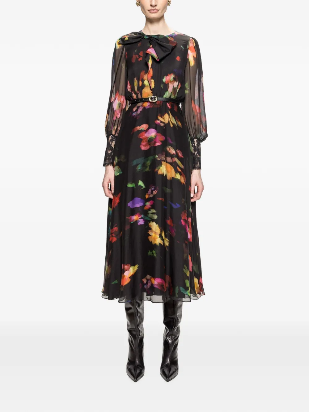 NISSA floral silk bow midi dress