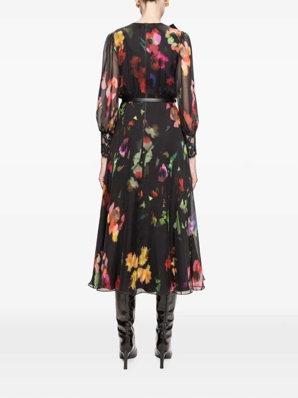 NISSA Zijden midi-jurk met bloemen en strik Zwart
