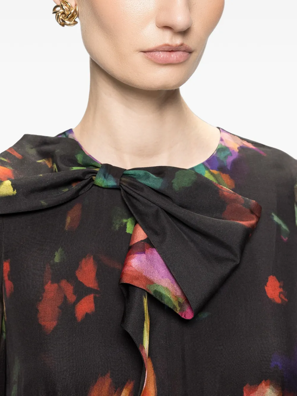NISSA Zijden midi-jurk met bloemen en strik Zwart