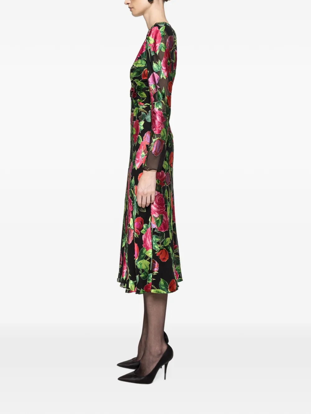 NISSA Zijden en viscose midi-jurk met bloemen Zwart