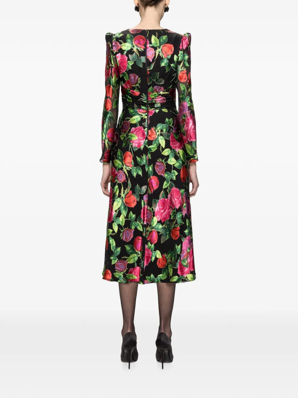 NISSA Zijden en viscose midi-jurk met bloemen Zwart