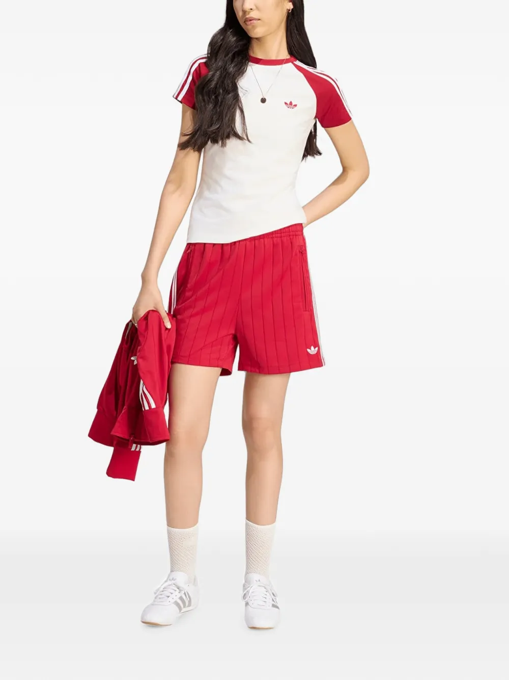adidas Firebird side-stripe logo-embroidered shorts Rood