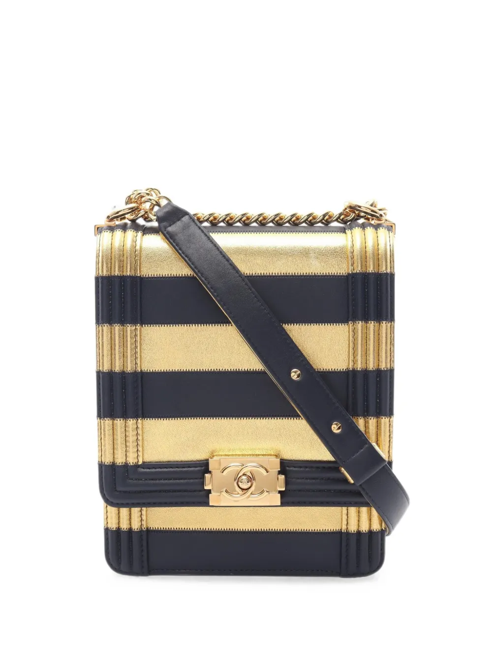 CHANEL Pre-Owned 2019 Boy Chanel striped shoulder bag - Oro