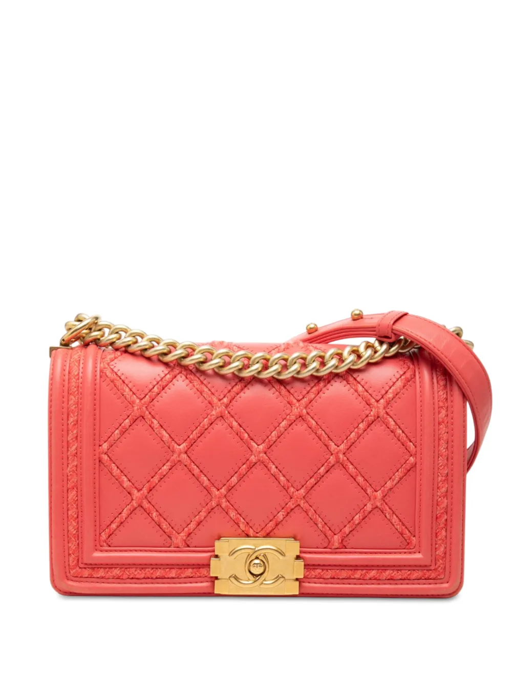 CHANEL Pre-Owned 2016-2017 Old Medium Stitched Lambskin and Tweed Boy Flap crossbody bag - Rosa