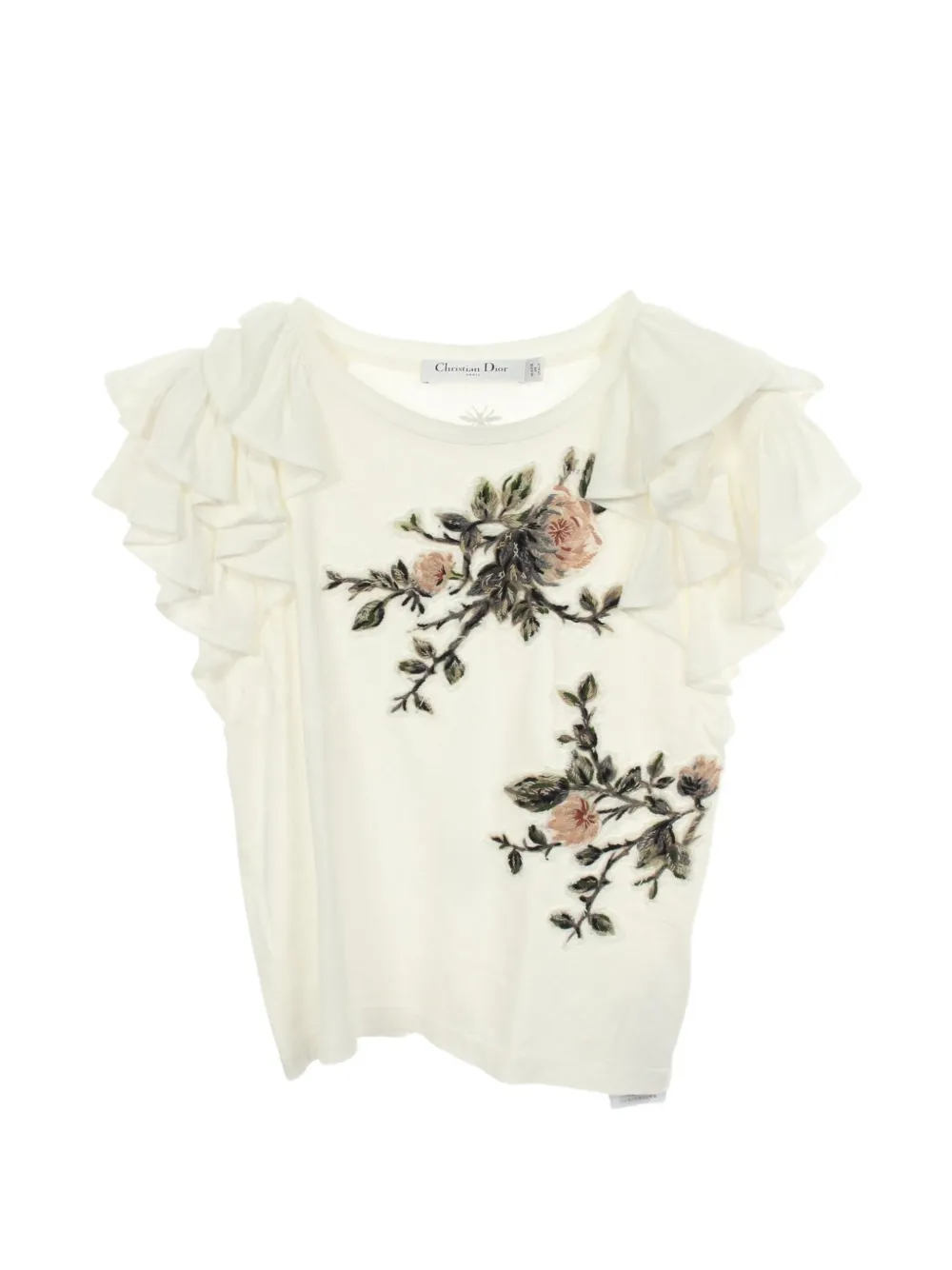 Christian Dior Pre-Owned 2010s floral-embroidered ruffled T-shirt - Weiß