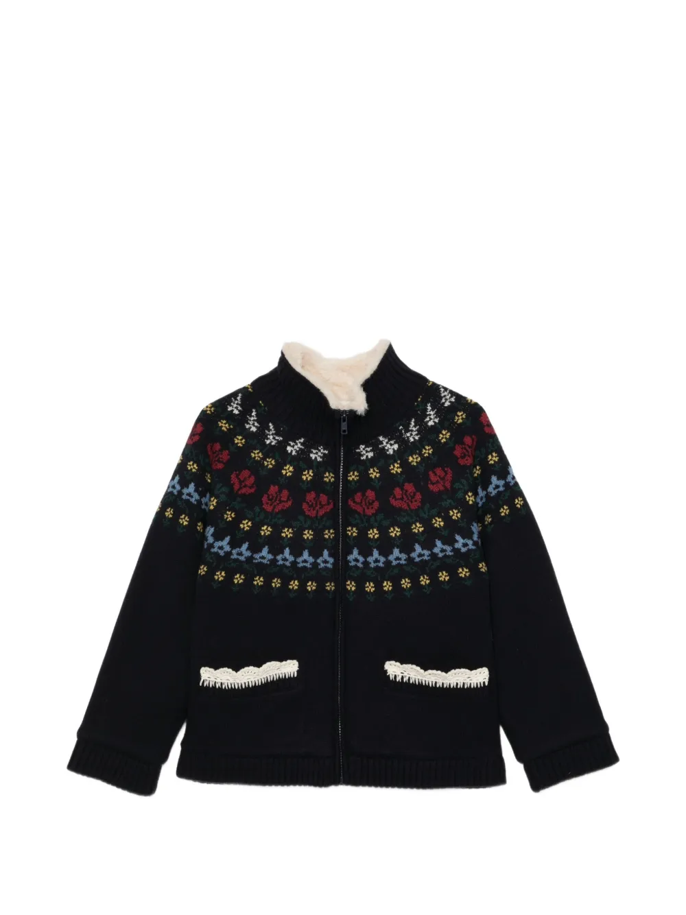 Sea Fair Isle-knit shearling-collar jacket Blauw