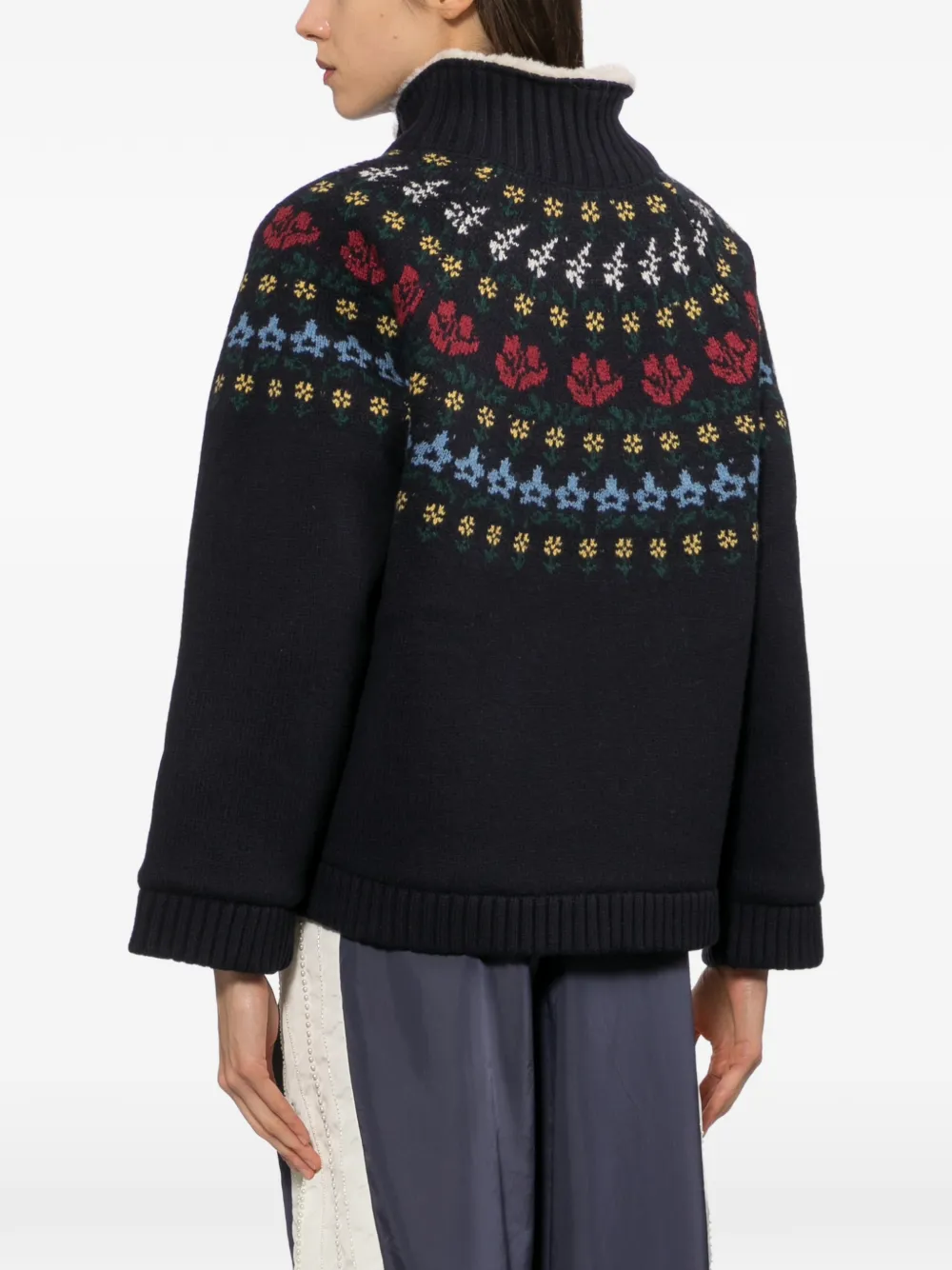 Sea Fair Isle-knit shearling-collar jacket Blauw